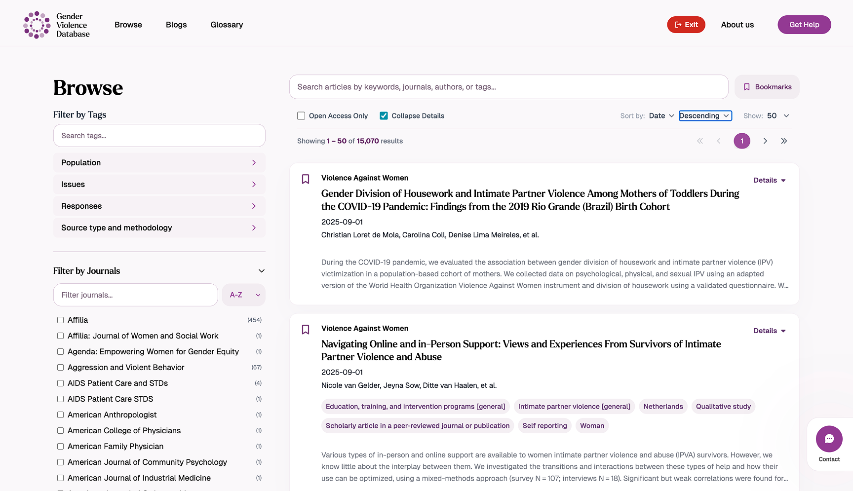 Redesigned Gender Violence Database browse and search results